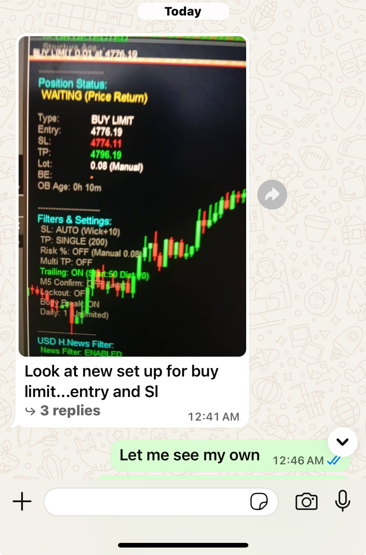 EA live setup showing trade parameters